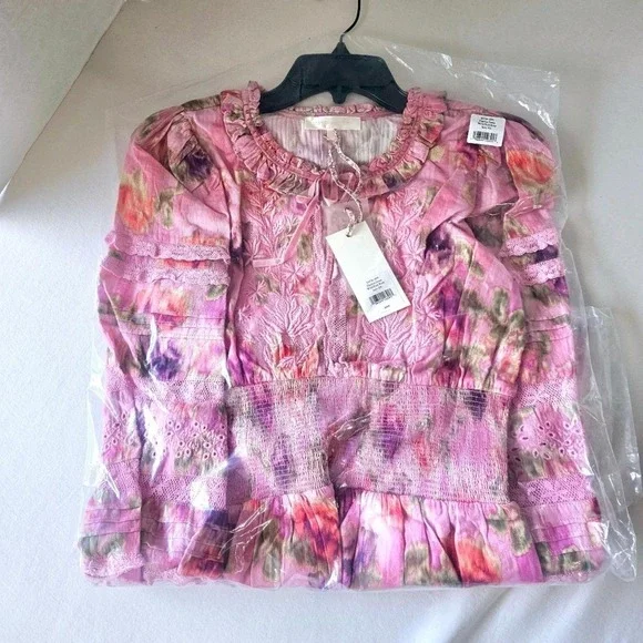NWT LoveShackFancy Clarkie Mini Dress XS Pink Floral 100% Cotton Ruffle Smocked - Picture 6 of 11